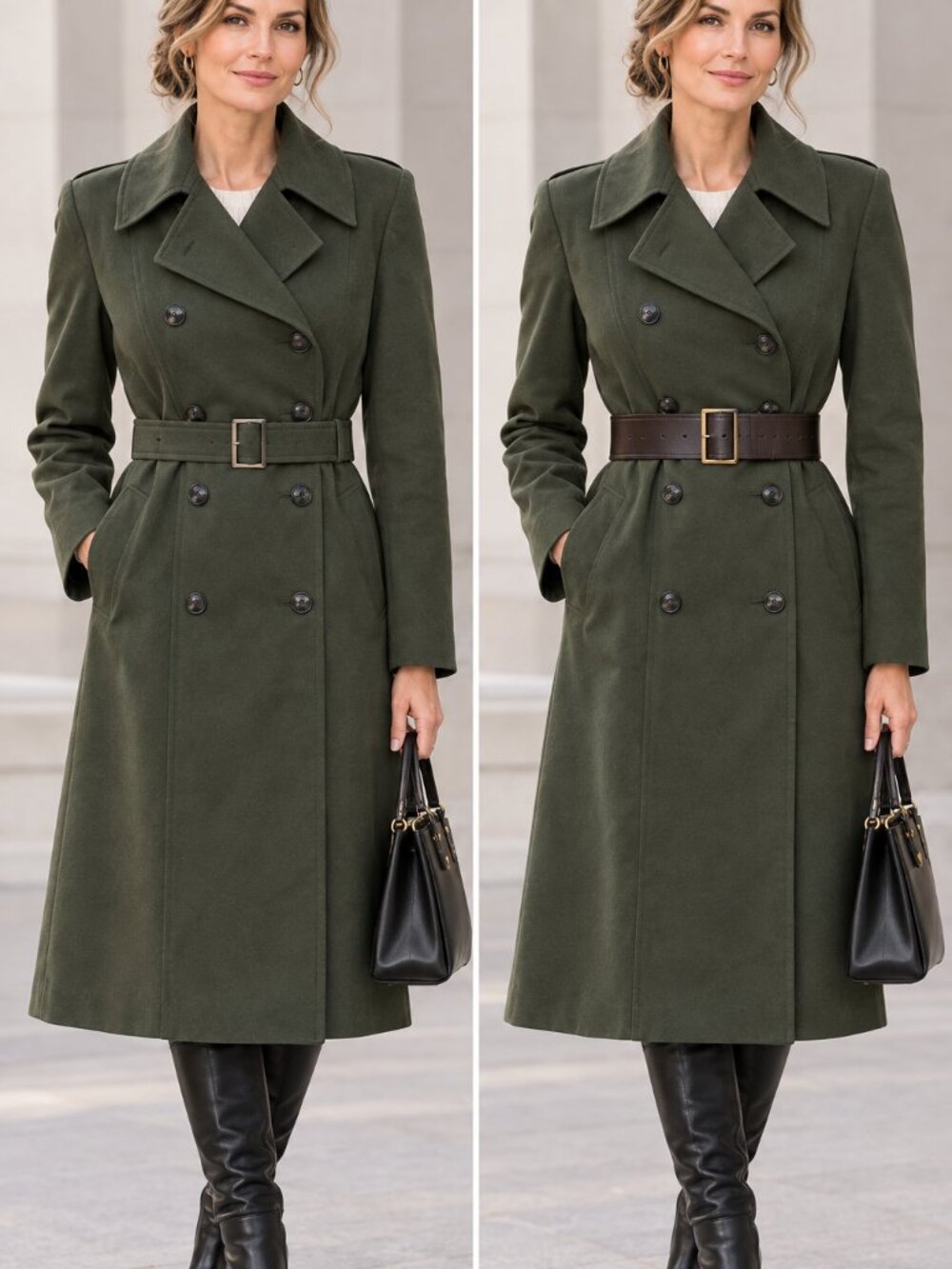 Wool Double Breasted Military Trench Coat w/ Quilted Liner